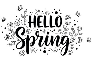 Fototapeta premium Hand drawn Spring lettering composition decorated with flowers, leaves and botanical doodles for greeting cards, posters, stickers, and seasonal spring designs