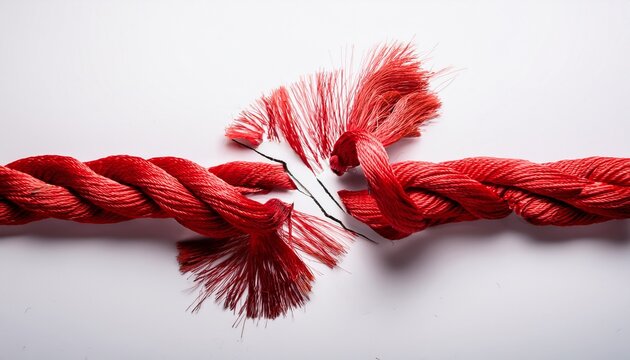 red rope frayed and almost broken in the middle on white background
