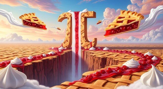 Surreal Pi Day Landscape with Cherry Pie Waterfall and Flying Slices