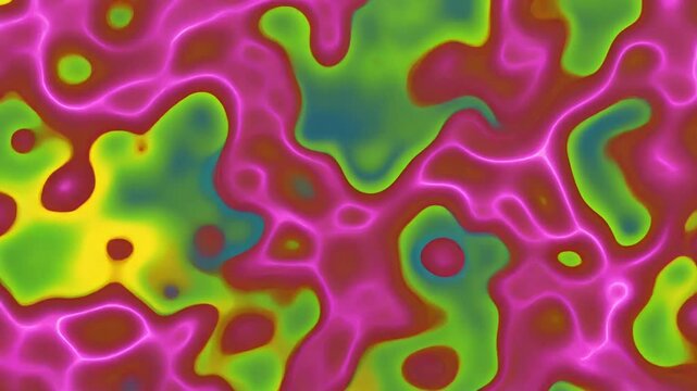 Vibrant abstract seamless liquid flow background glowing magenta neon lines connect smooth colorful thermal shapes green yellow and teal spots cell pattern