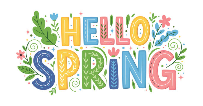 Spring hand-drawn lettering with flowers, leaves. Black and white doodle illustration with playful seasonal elements.