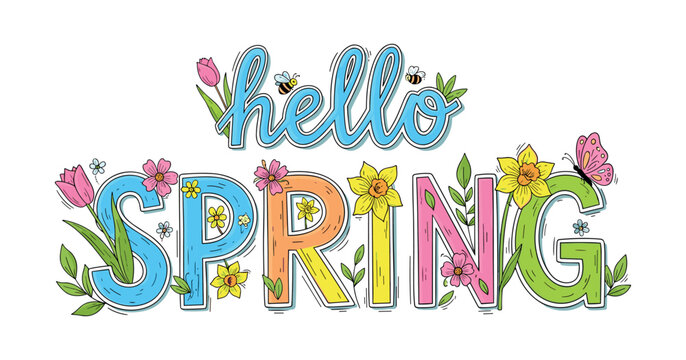 Spring hand-drawn lettering with flowers, leaves. Black and white doodle illustration with playful seasonal elements.