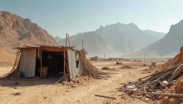 Barren desert landscape with makeshift shacks and debris. Mountains rise in the hazy background, indicating a dry, arid environment. Signs of human settlement in a remote, harsh climate.