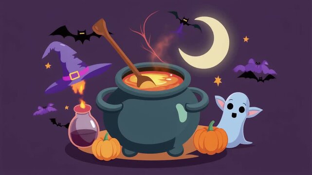 Cute cartoon Halloween background with steaming cauldron witch hat flying bats and adorable ghost character under a bright crescent moon light