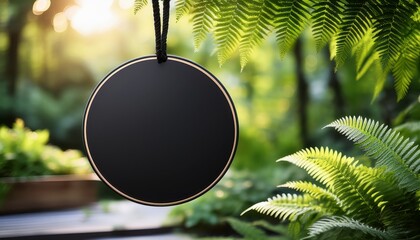 black round hanging signboard mockup with green fern leaves and blurred outdoor background natural and fresh atmosphere
