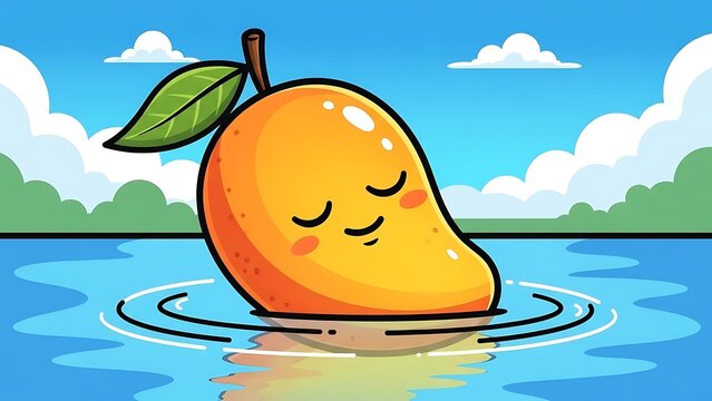 Cartoon mango in water relaxing peacefully.