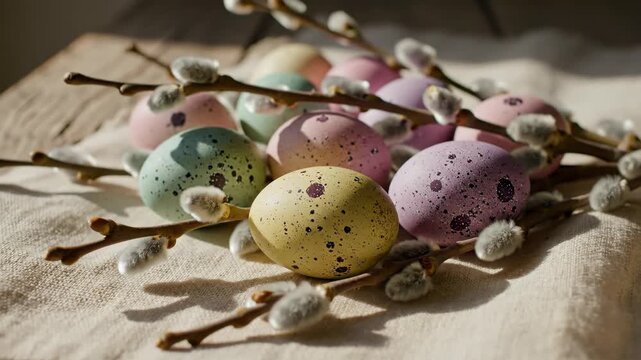 Beautiful colorful speckled Easter eggs and delicate pussy willow branches arranged on light rustic fabric