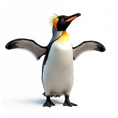Obraz premium Rockhopper penguin with bright yellow crest and open wings stands on pure white background. Bird has black and white plumage and orange beak. It is upright and alert.