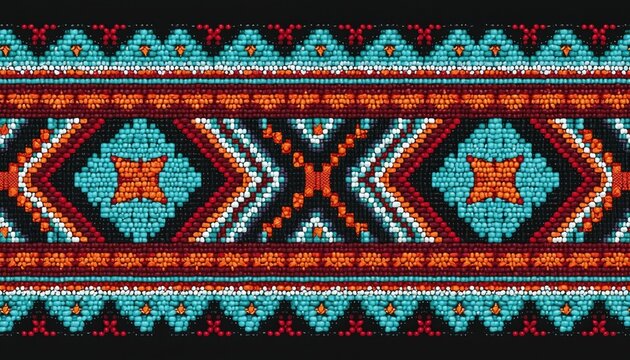 Ornate geometric beadwork pattern features turquoise red orange white black colors. Intricate interlaced design elements create tribal ethnic textile border. Decorative element repeats horizontally.