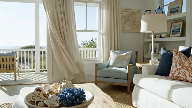 Bright Coastal Living Room With White Sofa And Sunlit Lounge.