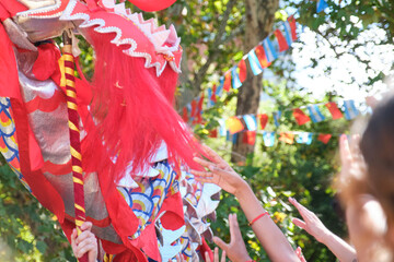 People try to touch a dragon for good luck during a Chinese New Year Festival.