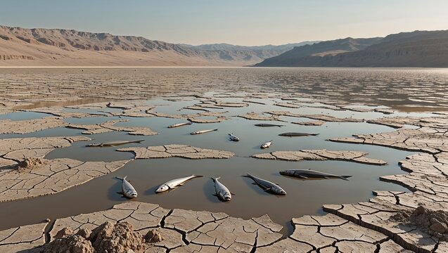 Dead fish in shallow water on cracked dry lakebed, drought and climate change concept background