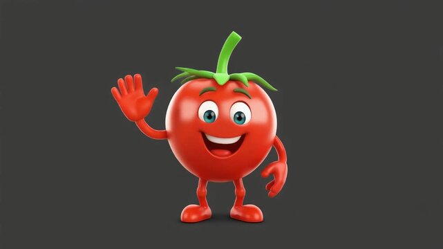 Vibrant 3D cartoon tomato character mascot standing and waving hello with a cheerful happy smile isolated on a dark background