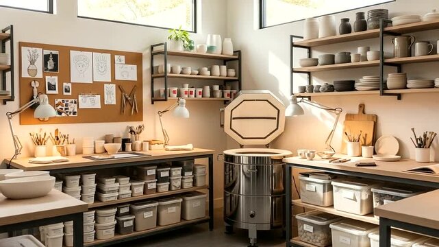 Well-equipped pottery studio with kiln and shelves full of supplies.