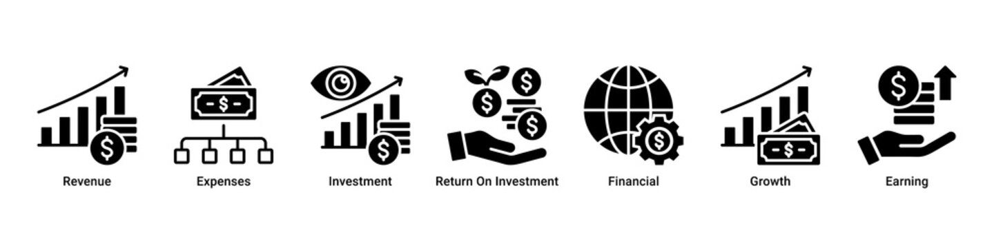 Financial Growth banner icon set illustrating revenue streams, investments, ROI analysis, expense control, and sustainable business growth