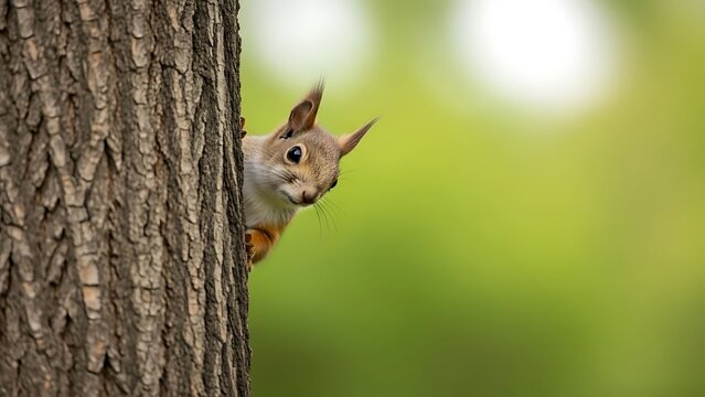 Squirrel peeking from behind tree trunk.