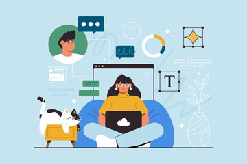 Fototapeta premium Remote work home office scene composition isometric cartoon