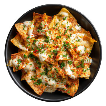 A bowl of delicious nachos topped with melted cheese and fresh herbs. A perfect appetizer for any occasion Isolated Transparent Background, PNG
