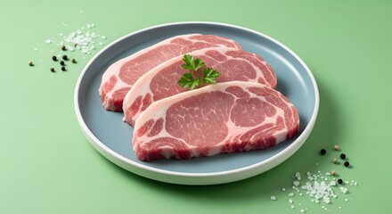 Fototapeta premium Raw Pork Shoulder Steaks on Blue Plate with Spices and Green Background