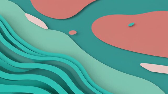 Vibrant turquoise teal waves flowing across a salmon pink background geometric abstract design 3D layered material topography concept wallpaper