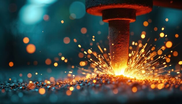 Close up industrial process sparks fly from metal tool hitting surface. Dynamic heat and light explode in workshop scene. Raw energy and intense creation in motion.
