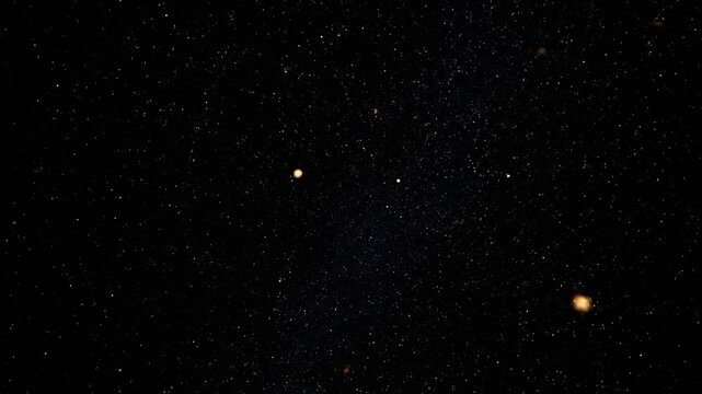 Deep space view. Dark sky, scattered stars and blurred orange and yellow celestial bodies