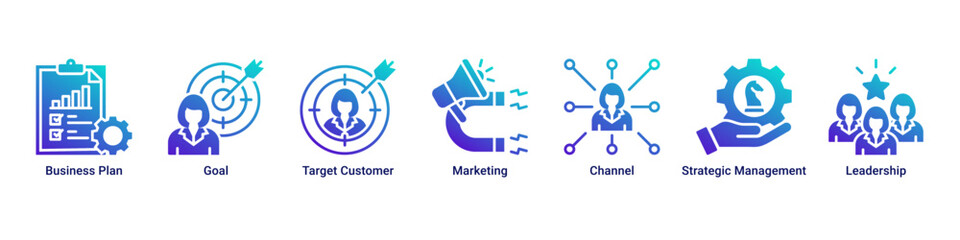Obraz premium Strategic Planning banner icon set highlighting goal setting, customer focus, marketing channels, leadership, and long-term business direction