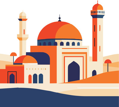 Modern Flat Illustration of a Grand Mosque with Large Orange Dome and Minarets in a Desert Landscape Style