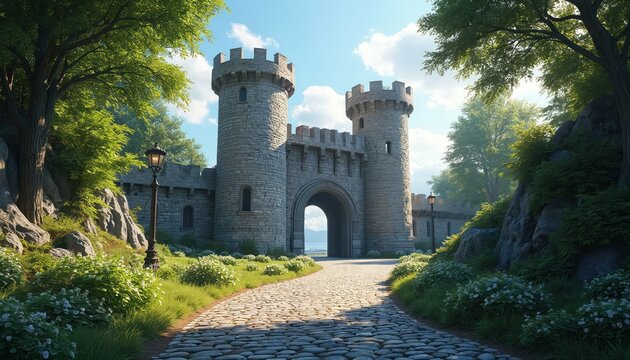 Stone castle gatehouse with twin towers and archway. Cobblestone path leads through lush green trees and bushes. Sunny day with blue sky and clouds, peaceful historic scene.