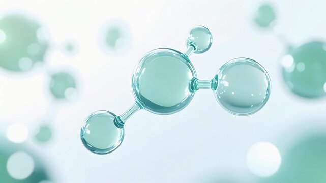 水色の透明な美容成分分子が浮遊してゆっくり回転するループ動画 3Dスキンケア背景 Aqua translucent beauty-ingredient molecule floating slow rotation loop video 3D skincare background