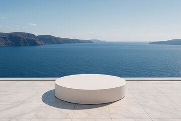 Fototapeta premium Elegant round platform with serene ocean backdrop. Perfect for showcasing cosmetics, jewelry, or other luxury goods in a visually appealing way. Modern design for product promotion.