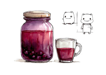 Illustration of a jar of preserve, a cup of juice, and two small, cute characters