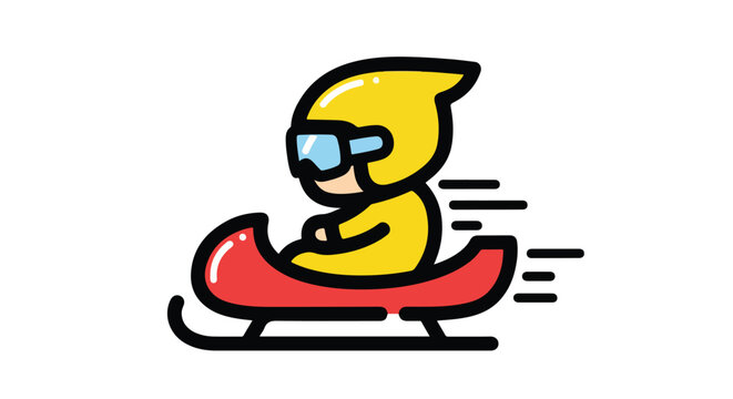 Cartoon bobsledder in yellow helmet and goggles speeding down a snowy track on a red bobsled