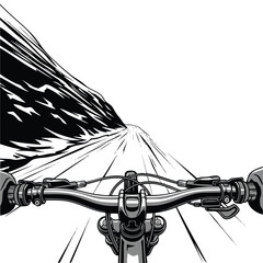 First-person perspective bicycle ride. Dynamic cycling illustration. Speed motion lines. Black and white graphic art. © khafid