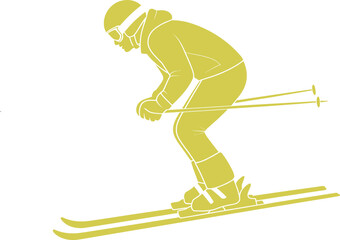 Monochromatic skier silhouette vector illustration in crouched downhill stance with helmet, goggles, poles, and boots, ideal for winter sports branding.