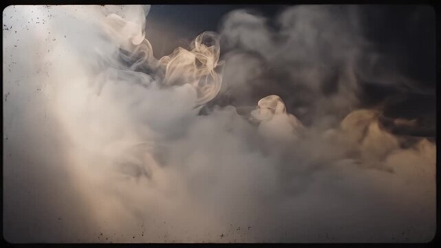 Wispy, ethereal smoke billows and swirls against a dark, atmospheric background, with subtle light rays