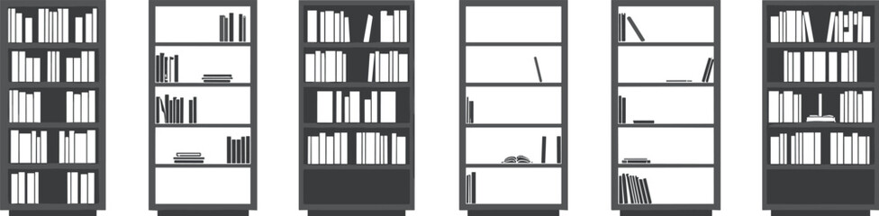 Collection of modern bookshelves and bookcase furniture filled with books isolated on white background minimalist interior vector illustration design set © Sujoy