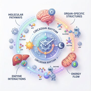 Illustrative depiction of circadian rhythm's influence on molecular pathways, organ structures, and energy flow within the body