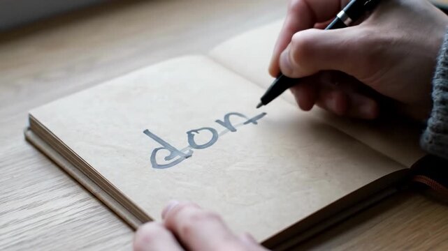 Hand holding pen writing done on notebook page indoors