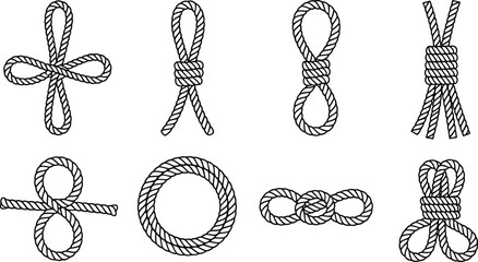 Hand drawn rope knot collection with nautical loops ties and decorative cord bindings outline illustration set for design use © Sujoy