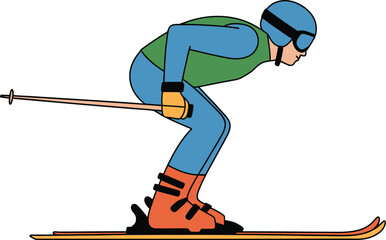 Cartoon skier downhill skiing vector illustration with helmet, goggles, poles, and aerodynamic stance, perfect for winter sports branding.