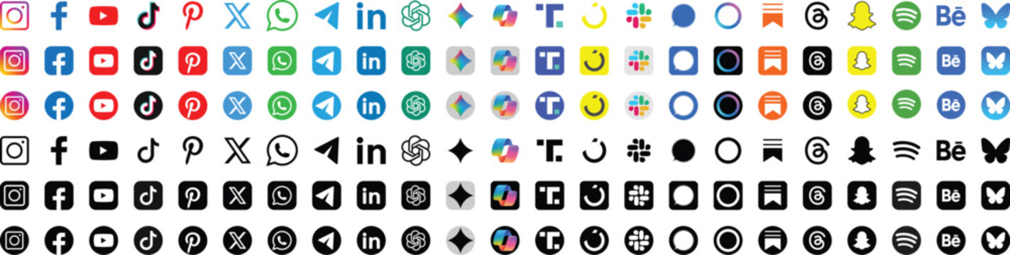 Social media logo icons set. facebook, instagram, slack, substack, AI app logo ChatGPT, Gemini, Meta AI, Copilot, whatsapp, linkedin, x. social media icons in color and black
