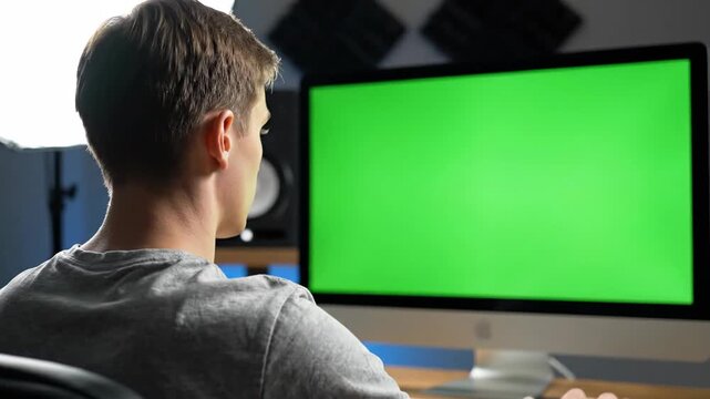 Man using computer with green screen for compositing and video editing