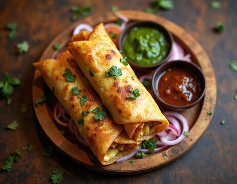 Golden brown kathi rolls stuffed with spicy paneer, onions, chutneys served on rustic wooden plate. Garnished with fresh cilantro, Indian street food looks delicious, appetizing. Perfect meal for