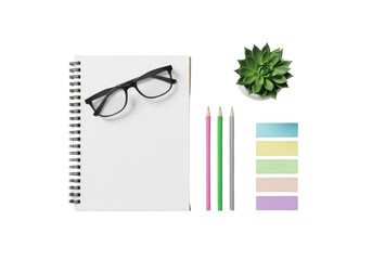 Glasses notebook highlighters and plant set isolated on transparent background