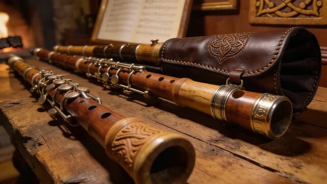 uilleann pipes arranged on wooden table inside irish folk music room video