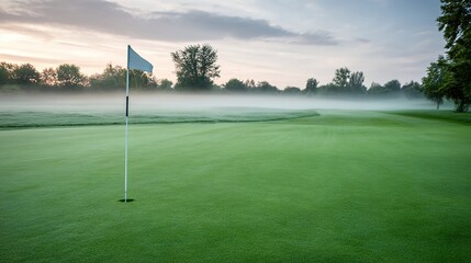 Obraz premium flagstick. Manicured golf green with flagstick in early morning, dew on grass and gentle mist. event key visuals, club posters, designed for fitness apps and gym onboarding, drives event promotion.