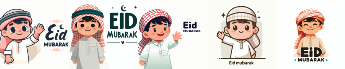 vector half body of little muslim boy saying Eid Mubarak