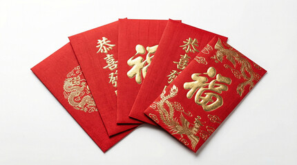 Five red envelopes with gold Chinese calligraphy and dragon designs for Lunar New Year