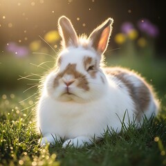 Obraz premium Cute white and brown rabbit outdoors.